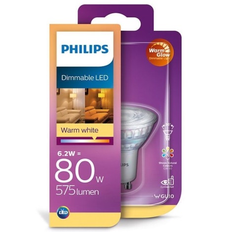 LED Ściemniana żarówka Philips Warm Glow  GU10/6,2W/230V 2200-2700K CRI 90