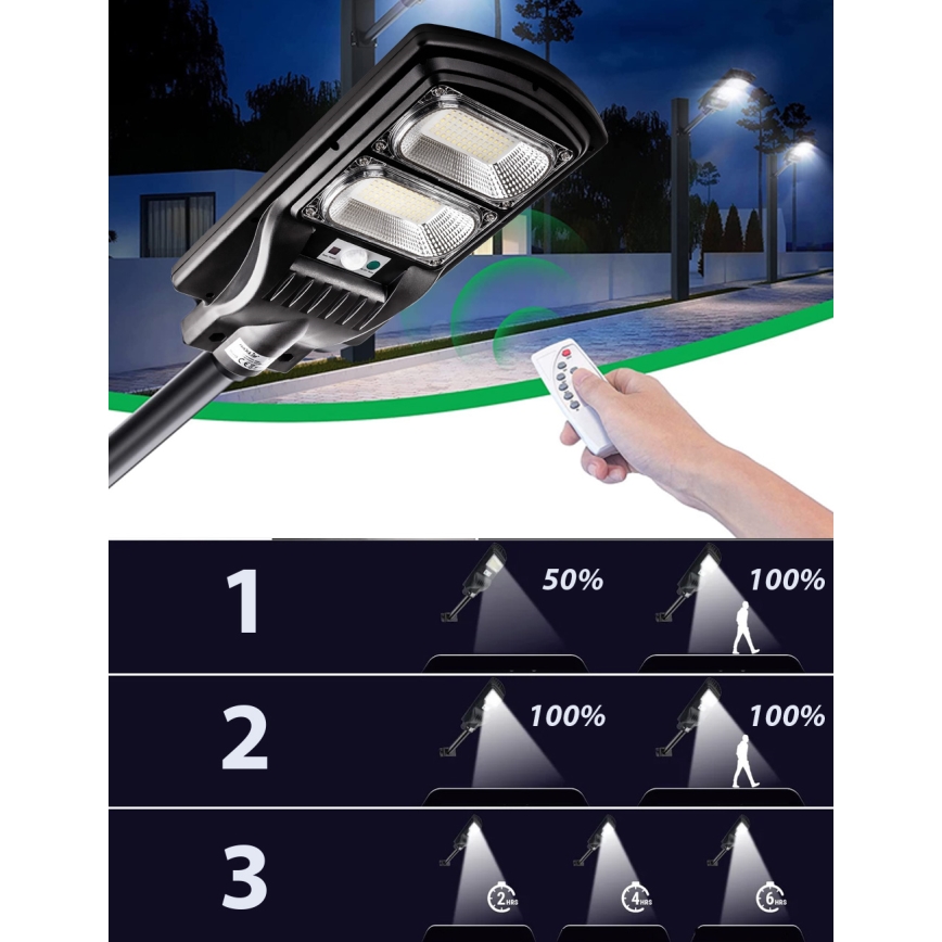LED Ściemnialna solarna lampa uliczna z czujnikiem LED/120W/6V 6500K IP65 czarny + zdalne sterowanie