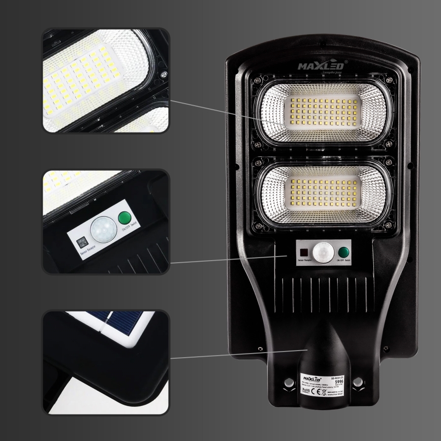 LED Ściemnialna solarna lampa uliczna z czujnikiem LED/120W/6V 6500K IP65 czarny + zdalne sterowanie