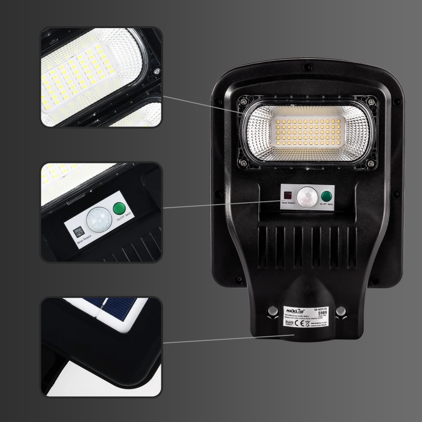 LED Ściemnialna solarna lampa uliczna z czujnikiem LED/150W/6V 6500K IP65 czarny + zdalne sterowanie