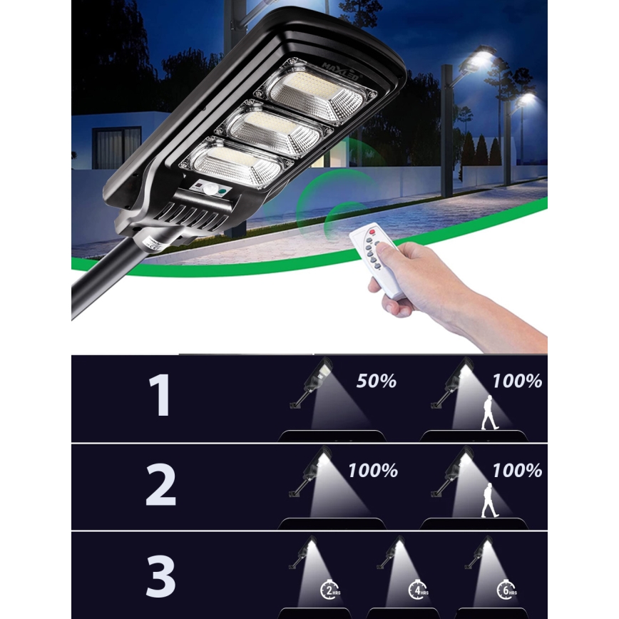 LED Ściemnialna solarna lampa uliczna z czujnikiem LED/180W/6V 6500K IP65 czarny + zdalne sterowanie
