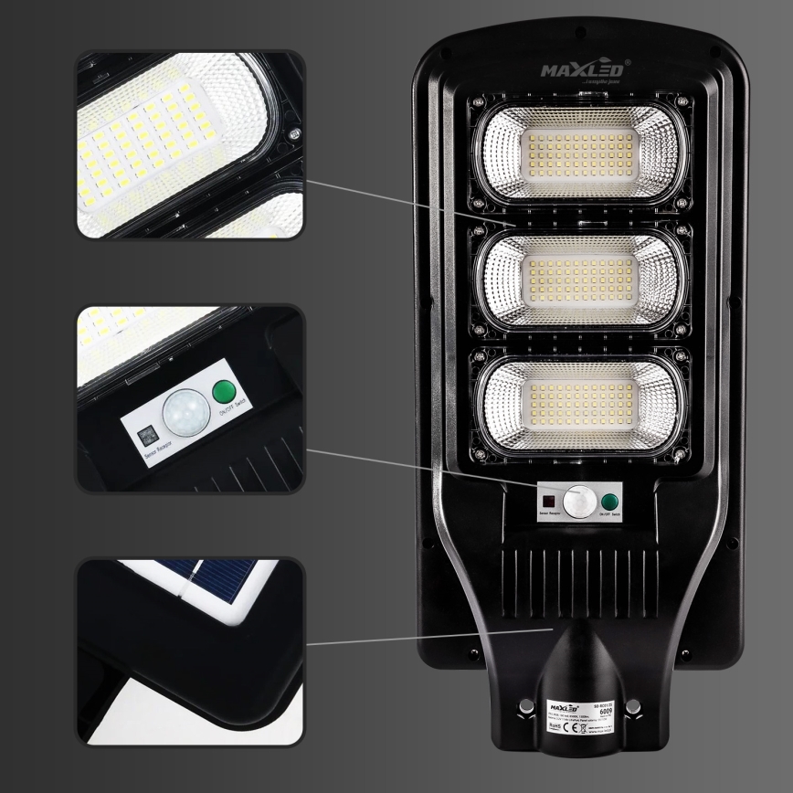 LED Ściemnialna solarna lampa uliczna z czujnikiem LED/180W/6V 6500K IP65 czarny + zdalne sterowanie