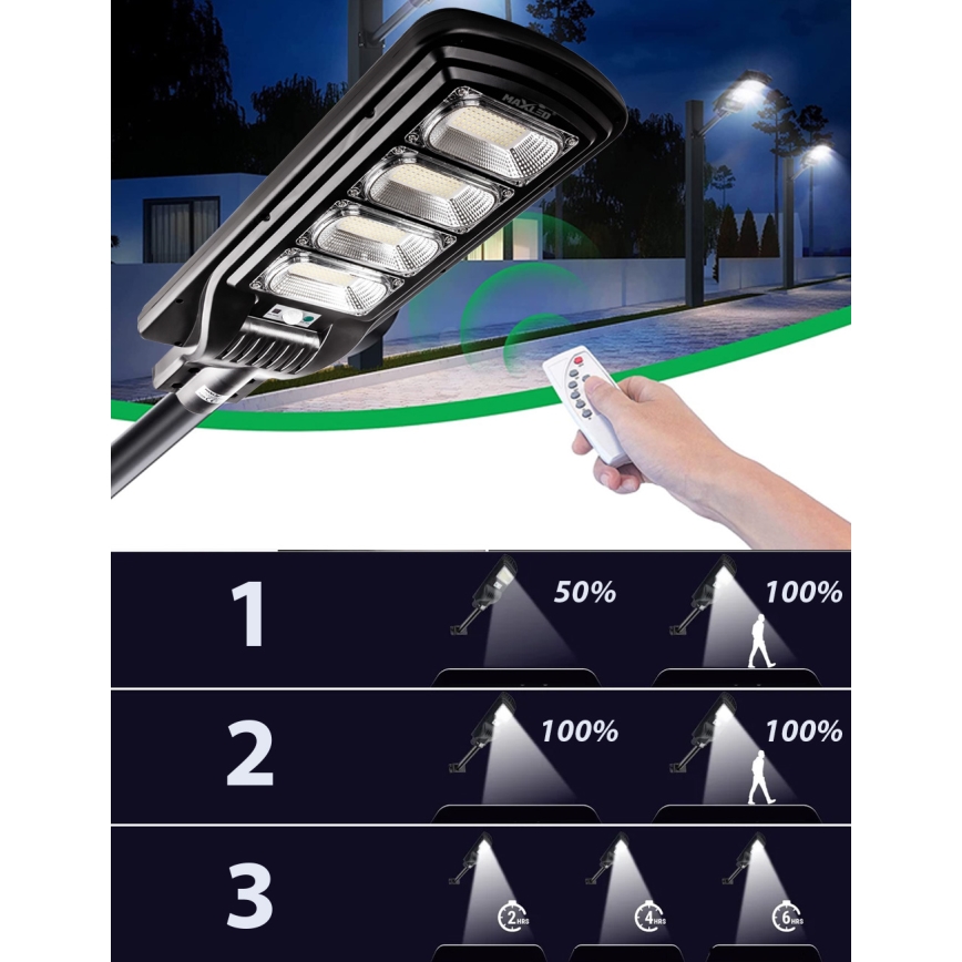 LED Ściemnialna solarna lampa uliczna z czujnikiem LED/240W/6V 6500K IP65 czarny + zdalne sterowanie
