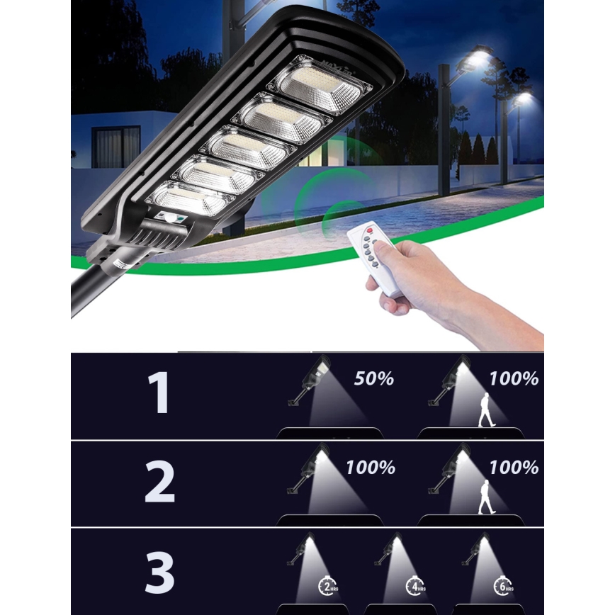 LED Ściemnialna solarna lampa uliczna z czujnikiem LED/300W/6V 6500K IP65 czarny + zdalne sterowanie