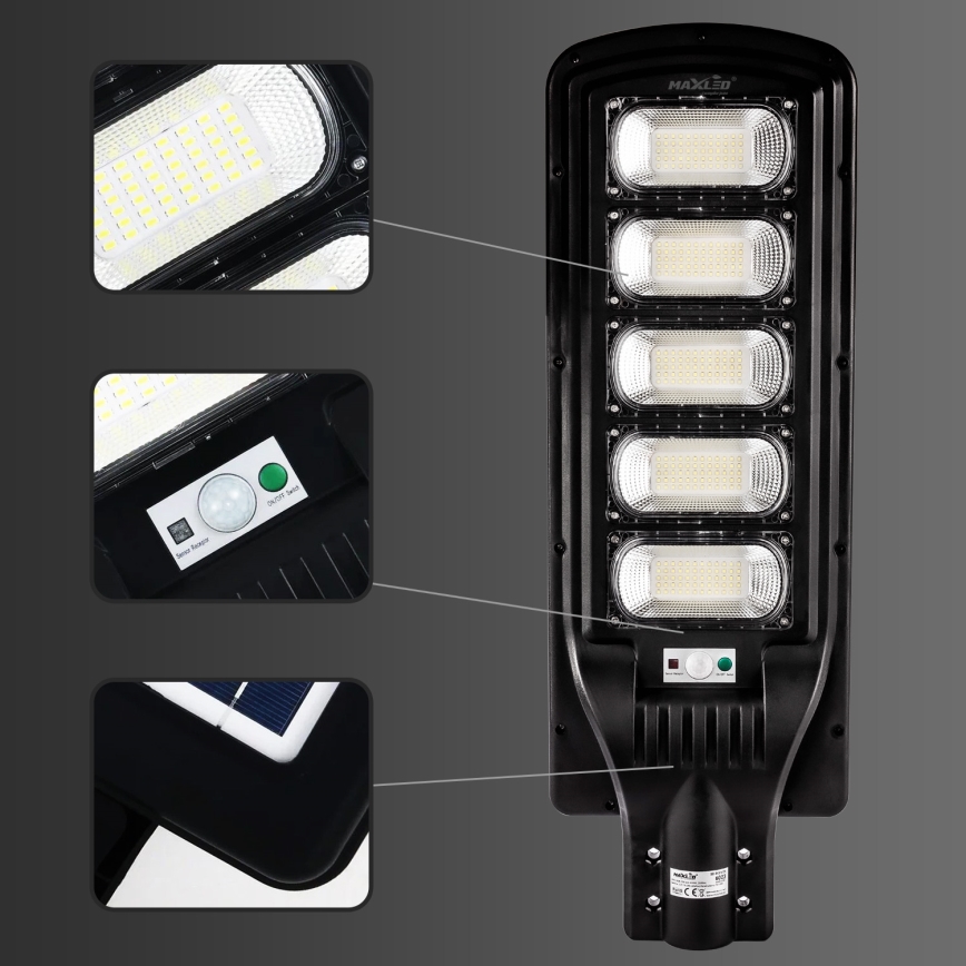 LED Ściemnialna solarna lampa uliczna z czujnikiem LED/300W/6V 6500K IP65 czarny + zdalne sterowanie