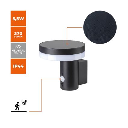 LED Solarna lampa ścienna z czujnikiem SOLARIS3 LED/5,5W/3,7V 4000K IP44 2600 mAh
