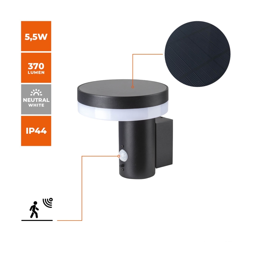 LED Solarna lampa ścienna z czujnikiem SOLARIS3 LED/5,5W/3,7V 4000K IP44 2600 mAh