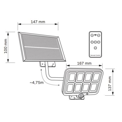 LED Solarny naświetlacz z czujnikiem INTEGRA LED/3W/3,7V 1200 mAh IP44 + zdalne sterowanie
