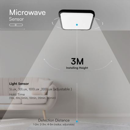 LED Lampa sufitowa do łazienki z czujnikiem SAMSUNG CHIP LED/18W/230V IP44 4000K 29x29 cm czarna + pilot do zdalnego sterowania