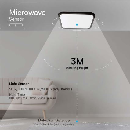 LED Lampa sufitowa do łazienki z czujnikiem LED/36W/230V 4000K IP44 42x42 cm czarna + pilot do zdalnego sterowania