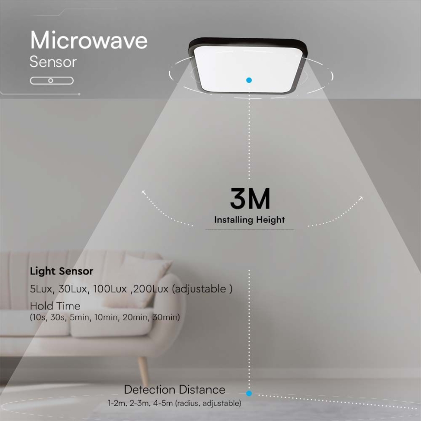LED Lampa sufitowa do łazienki z czujnikiem LED/36W/230V 4000K IP44 42x42 cm czarna + pilot do zdalnego sterowania