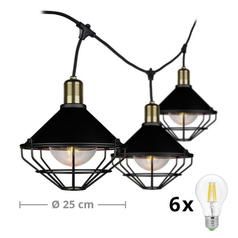 LED Wisząca lampa ogrodowa PREMIUM STRING 3m 6xE27/8W/230V IP65 czarna