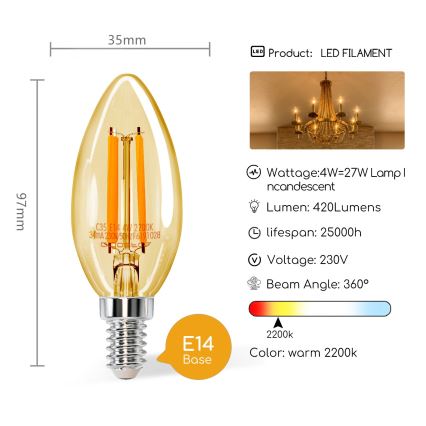 LED Żarówka C35 E14/4W/230V 2200K - Aigostar