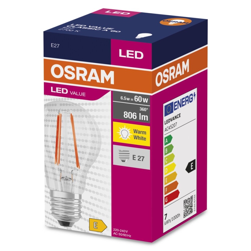 LED Żarówka FILAMENT A60 E27/6,5W/230V 2700K - Osram
