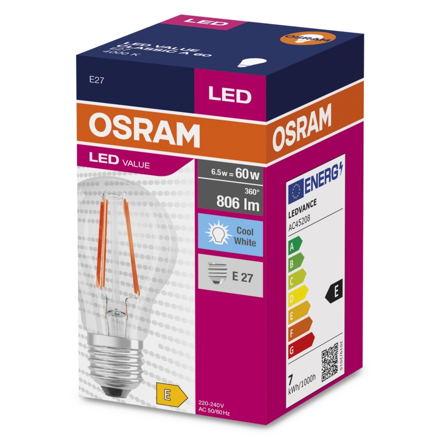 LED Żarówka FILAMENT A60 E27/6,5W/230V 4000K - Osram