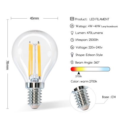 LED Żarówka G45 E14/4W/230V 2700K - Aigostar