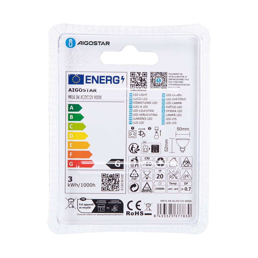 LED Żarówka MR16 GU5,3/3W/12V 4000K - Aigostar