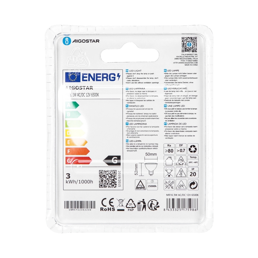 LED Żarówka MR16 GU5,3/3W/12V 6500K - Aigostar