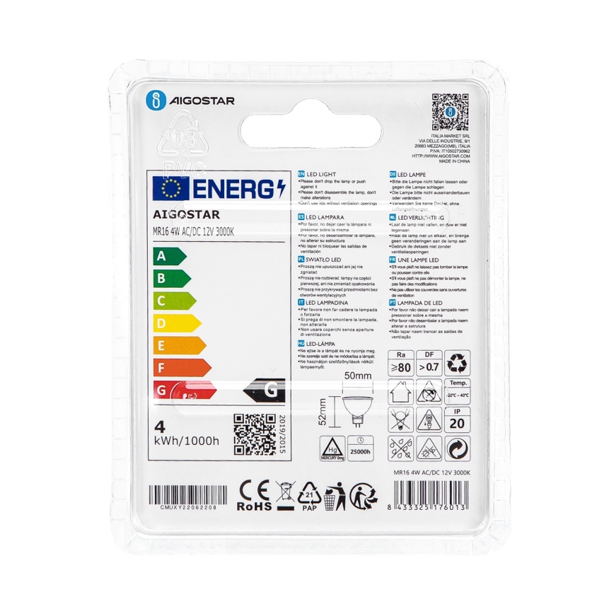 LED Żarówka MR16 GU5,3/4W/12V 3000K - Aigostar