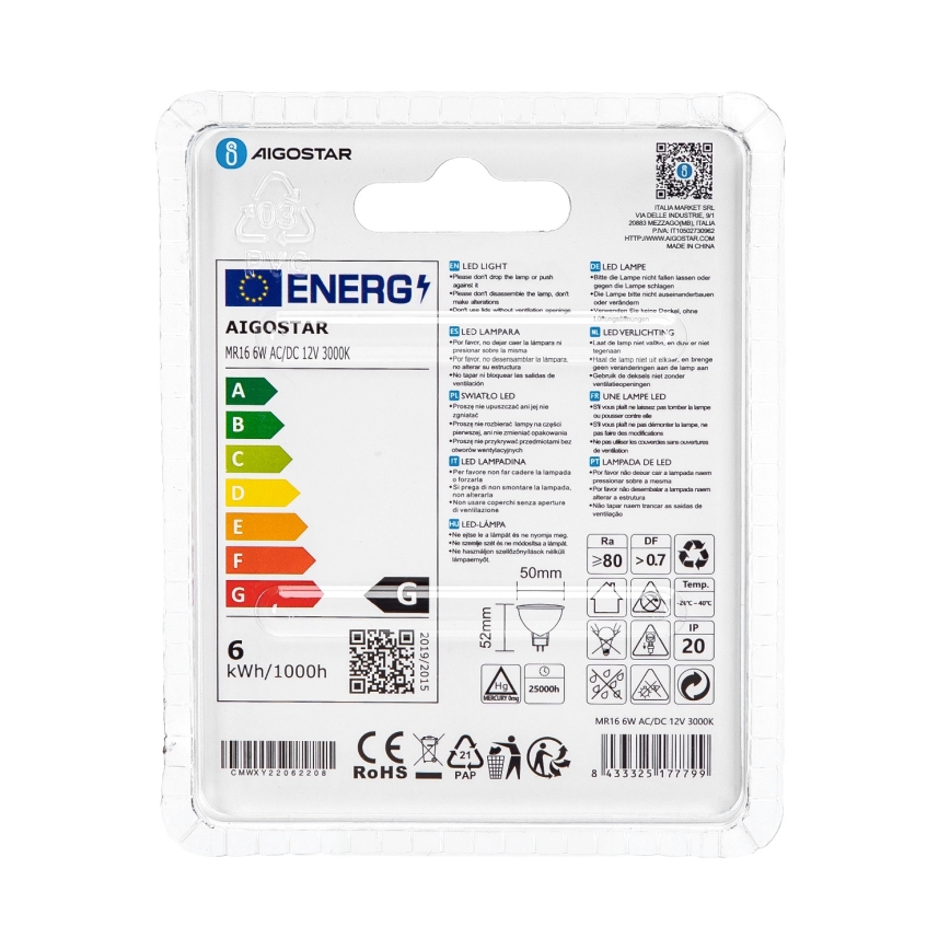 LED Żarówka MR16 GU5,3/6W/12V 3000K - Aigostar