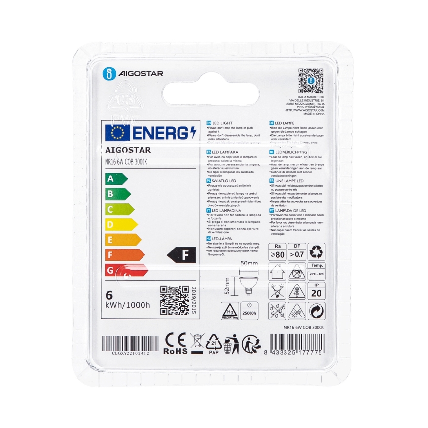 LED Żarówka MR16 GU5,3/6W/12V 3000K - Aigostar
