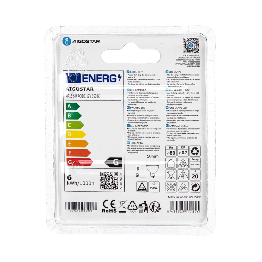 LED Żarówka MR16 GU5,3/6W/12V 6500K - Aigostar