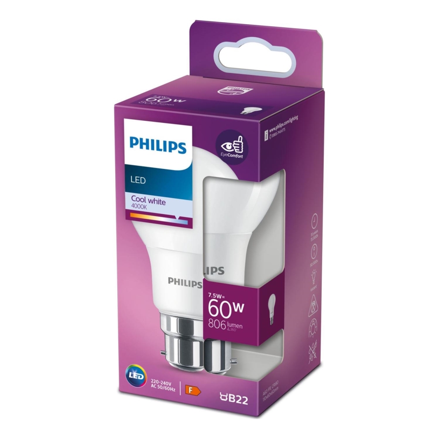 LED Żarówka Philips A60 B22/7,5W/230V 4000K