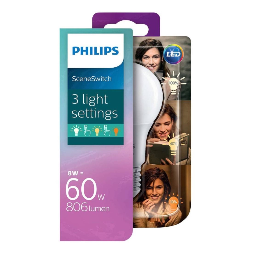 LED Żarówka Philips SCENE SWITCH A60 E27/8W/230V 2200K-2700K