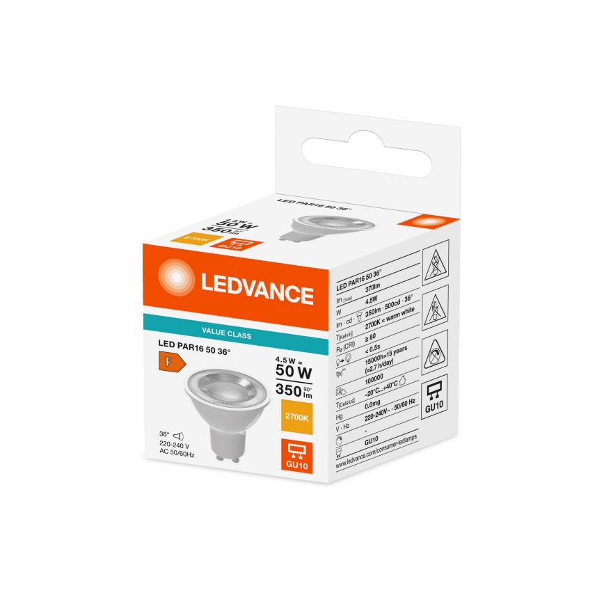LED żarówka reflektorowa PAR16 GU10/4,5W/230V 2700K 36° - Ledvance