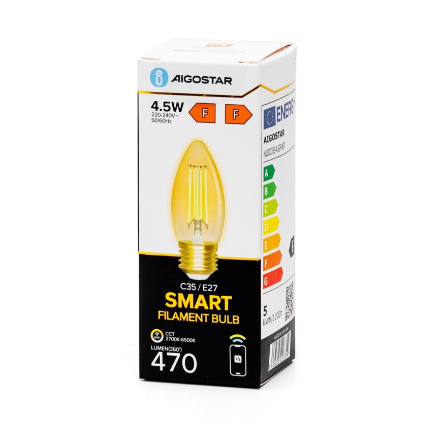 LED Żarówka ściemnialna FILAMENT C35 E27/4,5W/230V 2700-6500K Wi-Fi - Aigostar