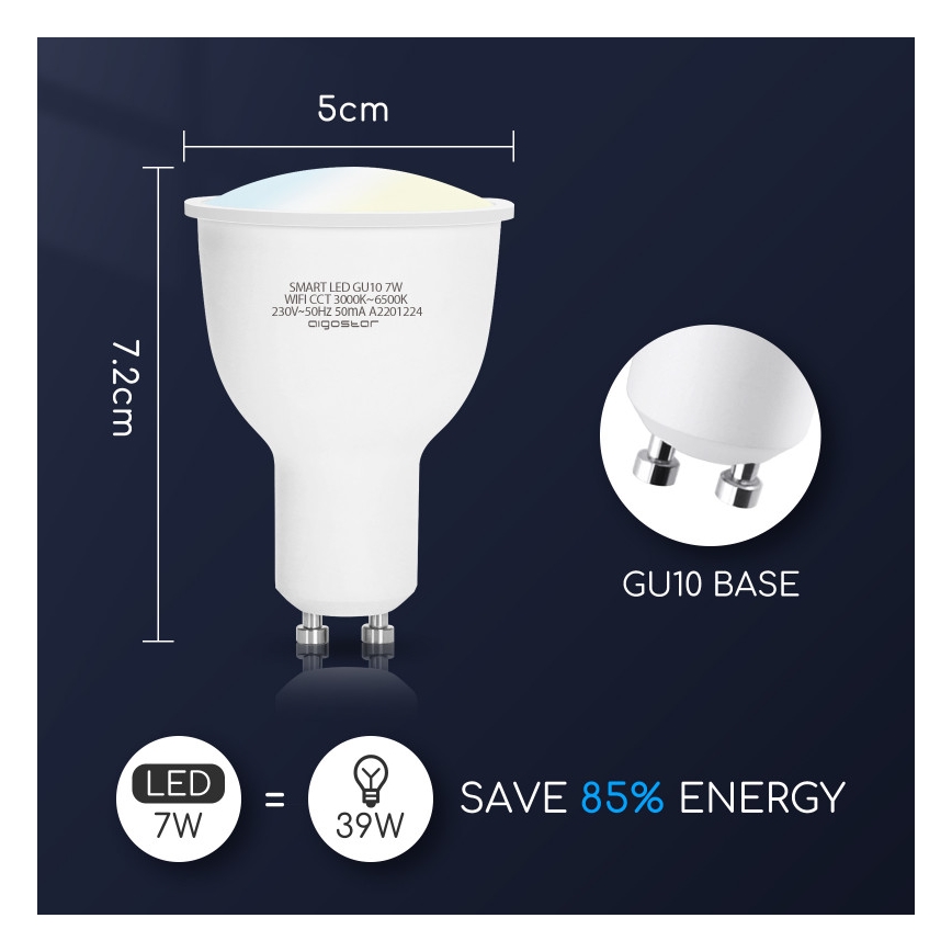 LED Żarówka ściemnialna GU10/7W/230V 3000-6500K Wi-Fi - Aigostar