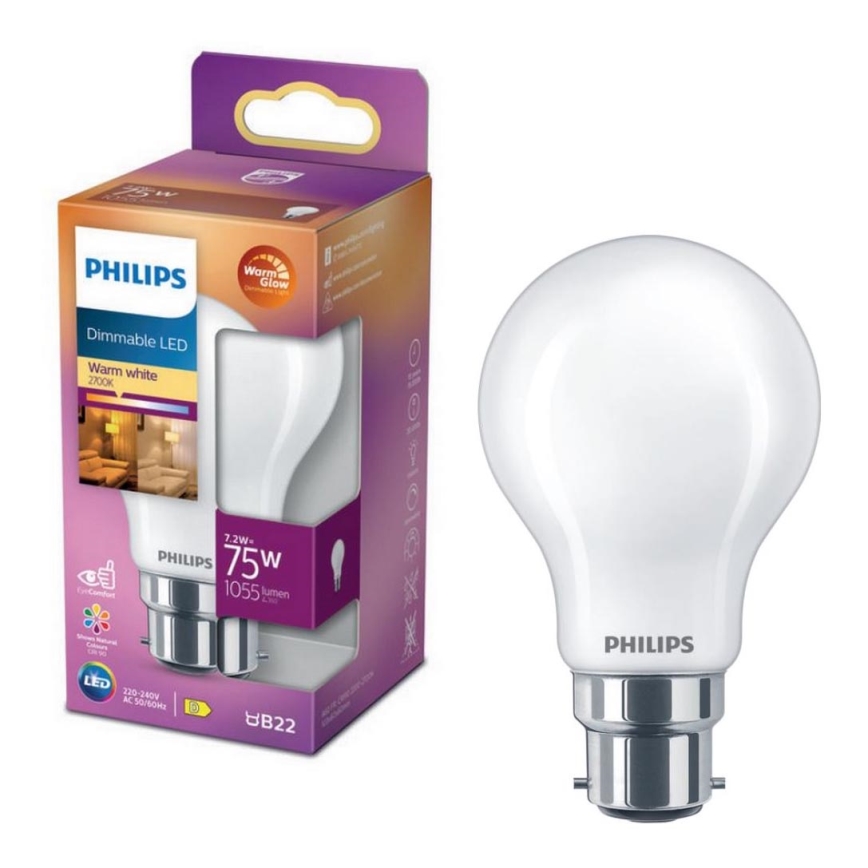 LED Żarówka ściemnialna Philips Warm Glow A60 B22/7,2W/230V 2200-2700K CRI 90