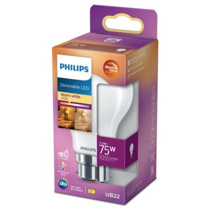 LED Żarówka ściemnialna Philips Warm Glow A60 B22/7,2W/230V 2200-2700K CRI 90