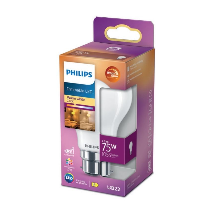 LED Żarówka ściemnialna Philips Warm Glow A60 B22/7,2W/230V 2200-2700K CRI 90