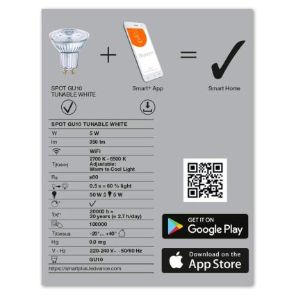 LED Żarówka ściemnialna SMART+ GU10/5W/230V 2700K-6500K Wi-Fi - Ledvance