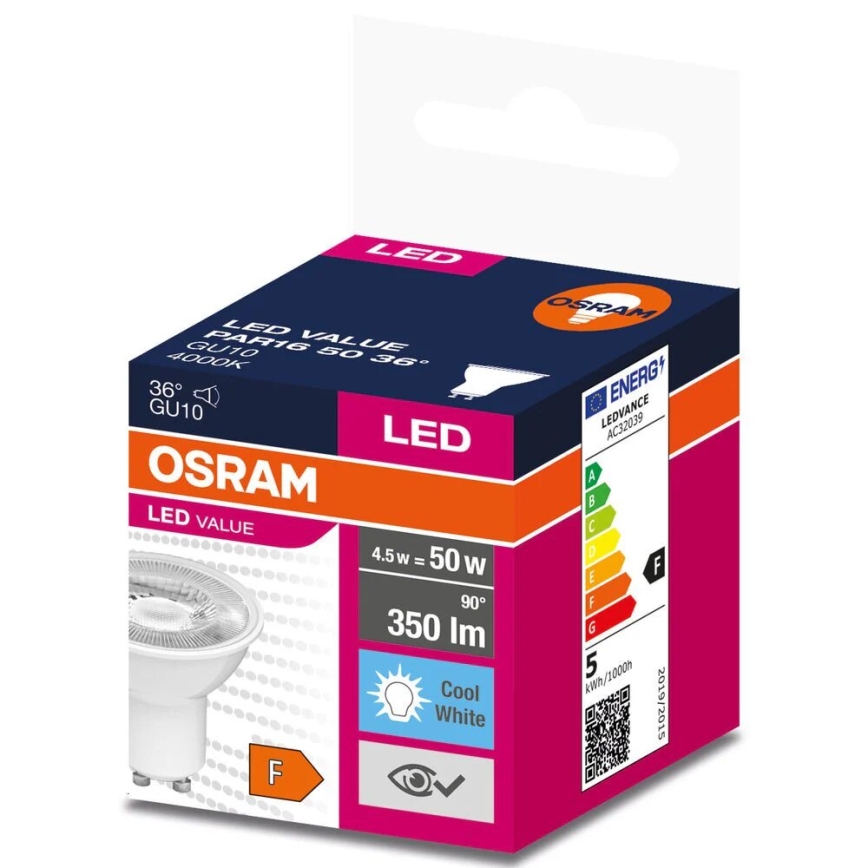 LED Żarówka VALUE PAR16 GU10/4,5W/230V 4000K 36° biały - Osram