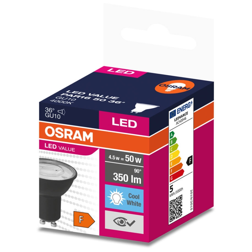 LED Żarówka VALUE PAR16 GU10/4,5W/230V 6500K 36° czarna - Ledvance