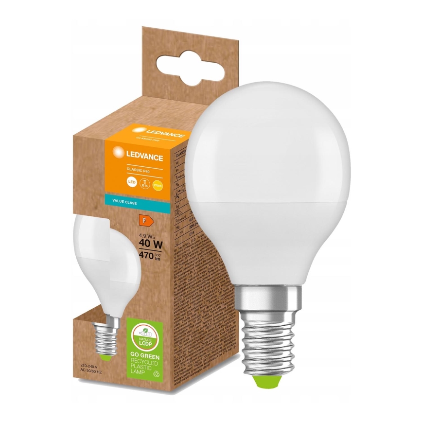 LED Żarówka wykonana z recyklowanego plastiku P45 E14/4,9W/230V 2700K - Ledvance