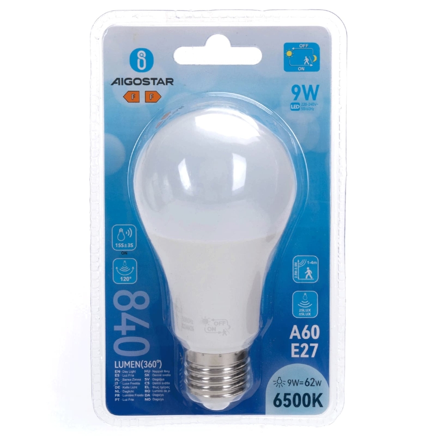 LED Żarówka z czujnikiem ruchu i zmroku A60 E27/9W/230V 6500K - Aigostar