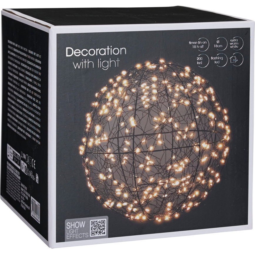 LED zewnętrzna dekoracja świąteczna 200xLED/230V śr. 18 cm IP44 ciepła biała kula/czarny