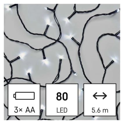 LED Zewnętrzny łańcuch bożonarodzeniowy 80xLED/3xAA 6,1m IP44 zimna biel