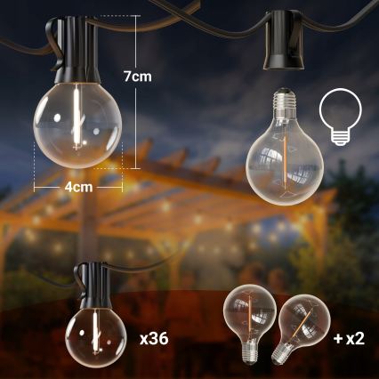LED zewnętrzny łańcuch dekoracyjny 36xE12/1W/230V 22,35 m IP65 czarny