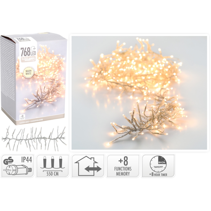 LED Zewnętrzny łańcuch świąteczny 768xLED/230V/8 funkcji 8,5 m IP44 ciepła biała