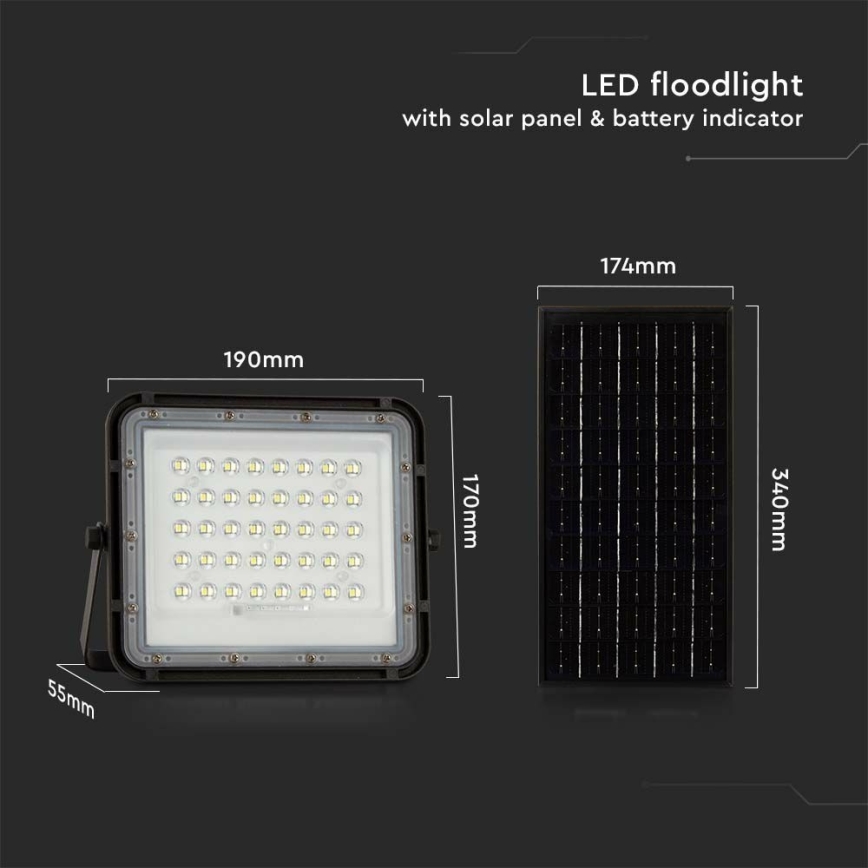 LED zewnętrzny ściemnialny solarny reflektor LED/10W/3,2V IP65 6400K 6000 mAh czarny + zdalne sterowanie