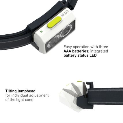 Ledlenser NEO3 - Czołówka LED z regulacją jasności LED/3xAAA IP54 400 lm 20 h czarna/biała
