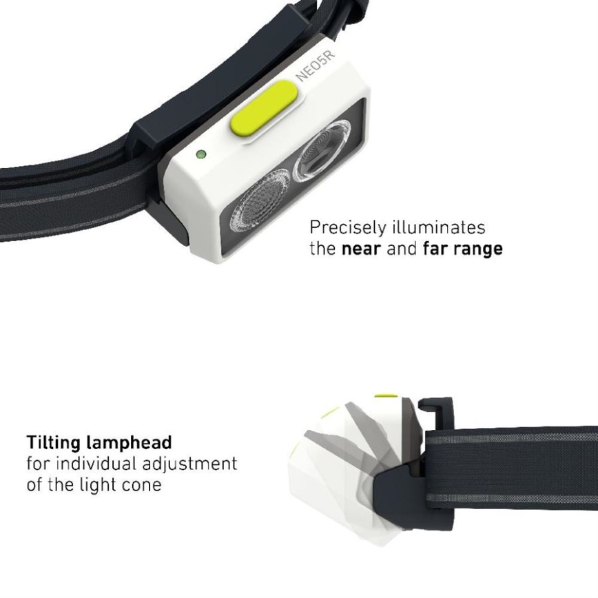 Ledlenser NEO5R - Ładowalna czołówka LED z regulacją jasności, akumulator 1800 mAh, IP54, 600 lm, 35 h, czarna/biała