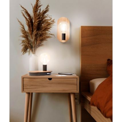 Ledvance - Dotykowa lampa stołowa z portem USB DECOR WOOD 1xE27/8W/230V kauczukowiec