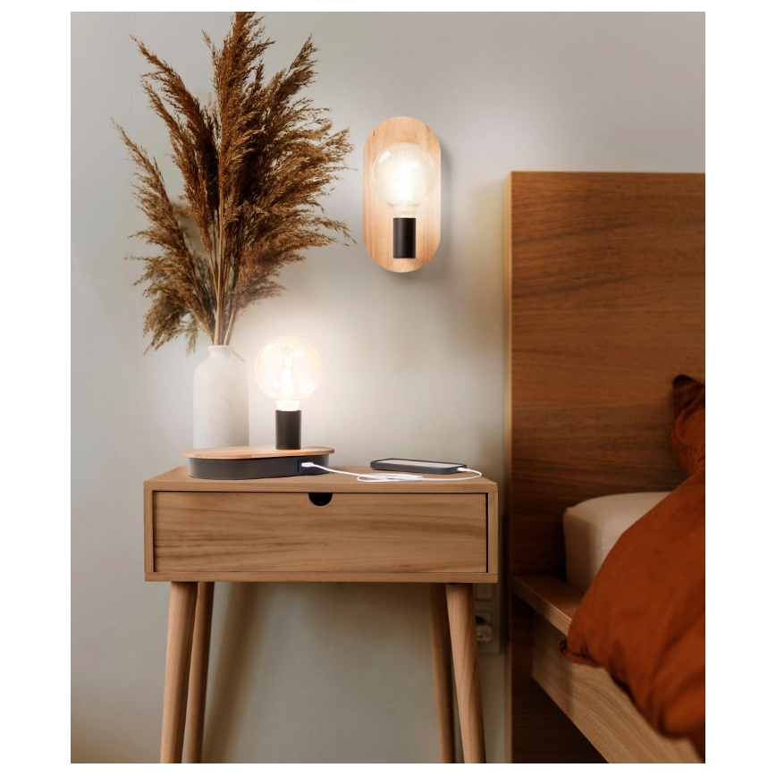 Ledvance - Dotykowa lampa stołowa z portem USB DECOR WOOD 1xE27/8W/230V kauczukowiec