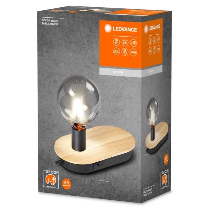 Ledvance - Dotykowa lampa stołowa z portem USB DECOR WOOD 1xE27/8W/230V kauczukowiec