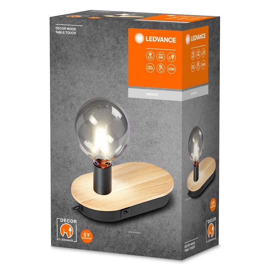 Ledvance - Dotykowa lampa stołowa z konektorem USB DECOR WOOD 1xE27/8W/230V figowiec